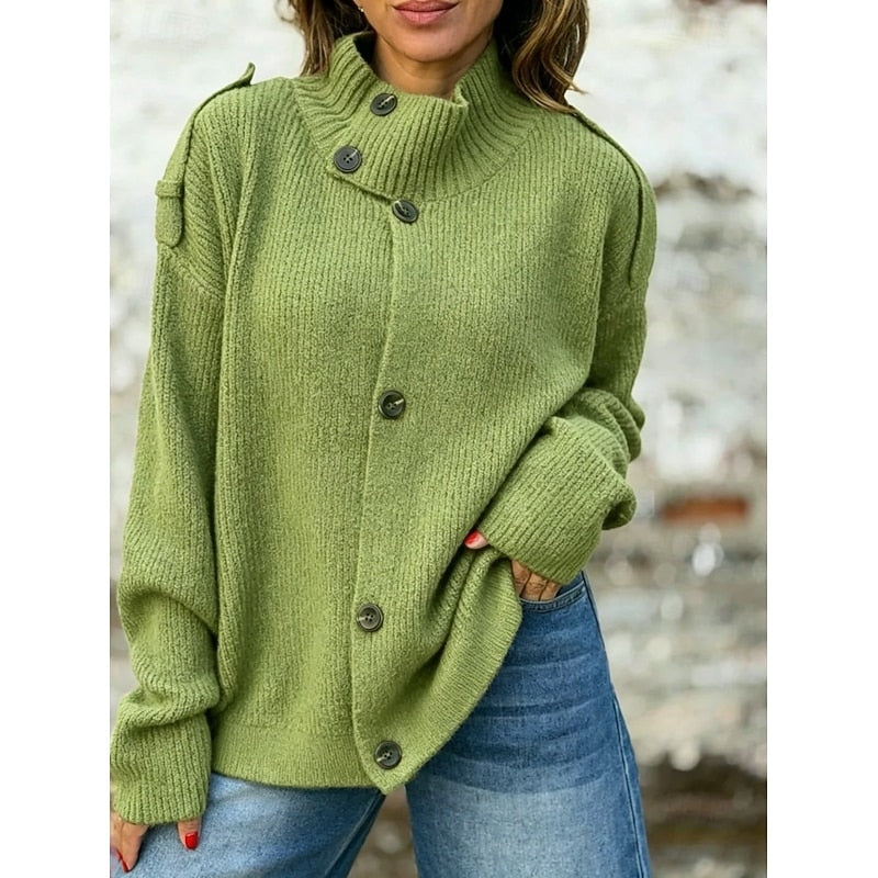 Women's Stand-Collar Knit Cardigan with Oversized Fit and Button Front