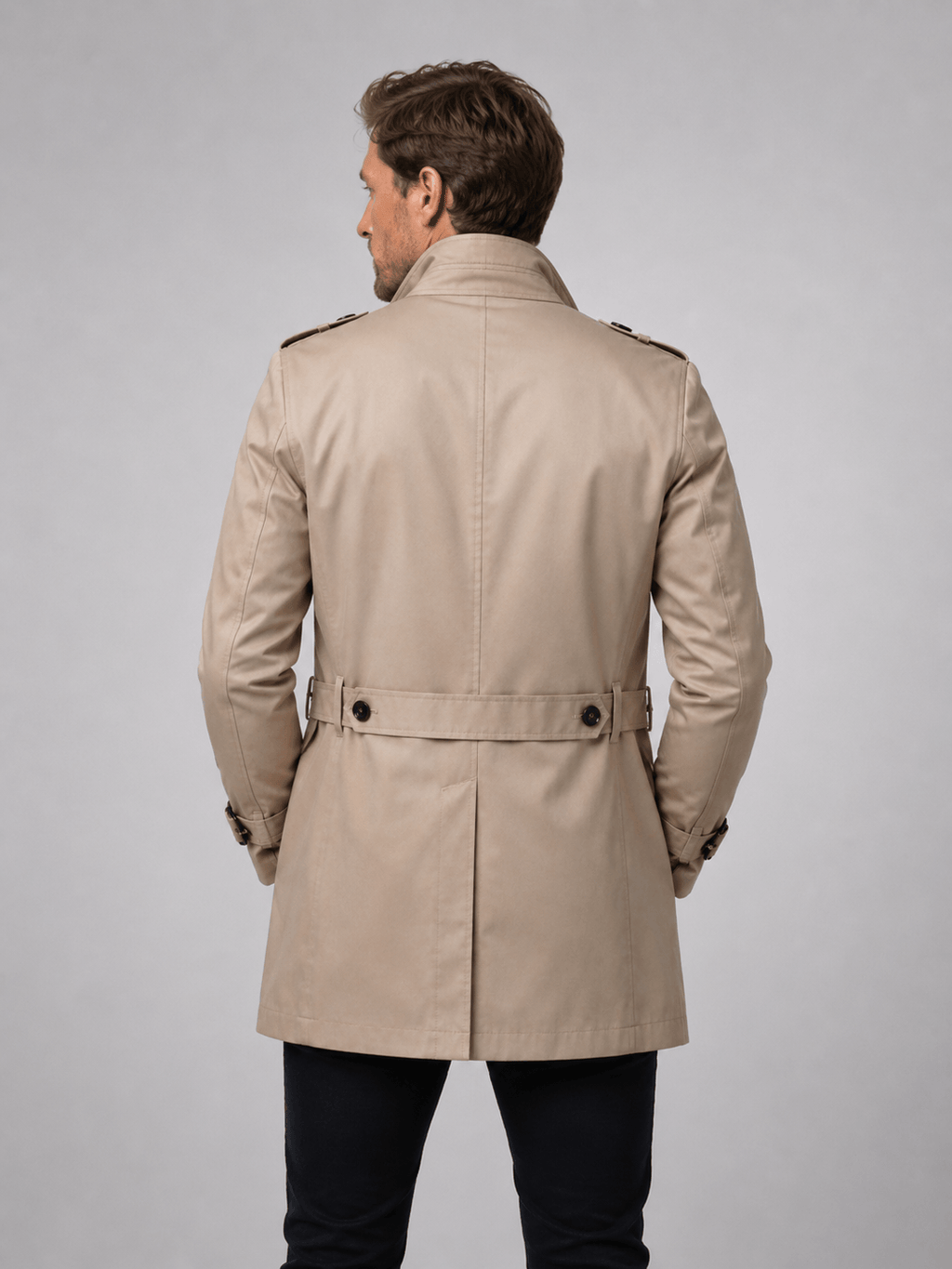 Men's Single-Breasted Mid-Length Belted Trench Coat with Epaulettes and Zip Chest Pocket