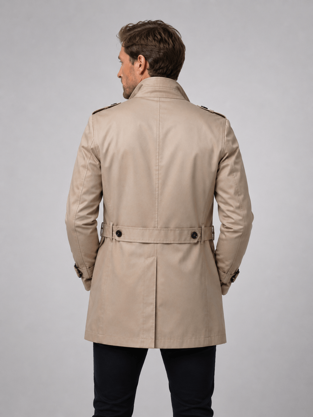 Men's Single-Breasted Mid-Length Belted Trench Coat with Epaulettes and Zip Chest Pocket