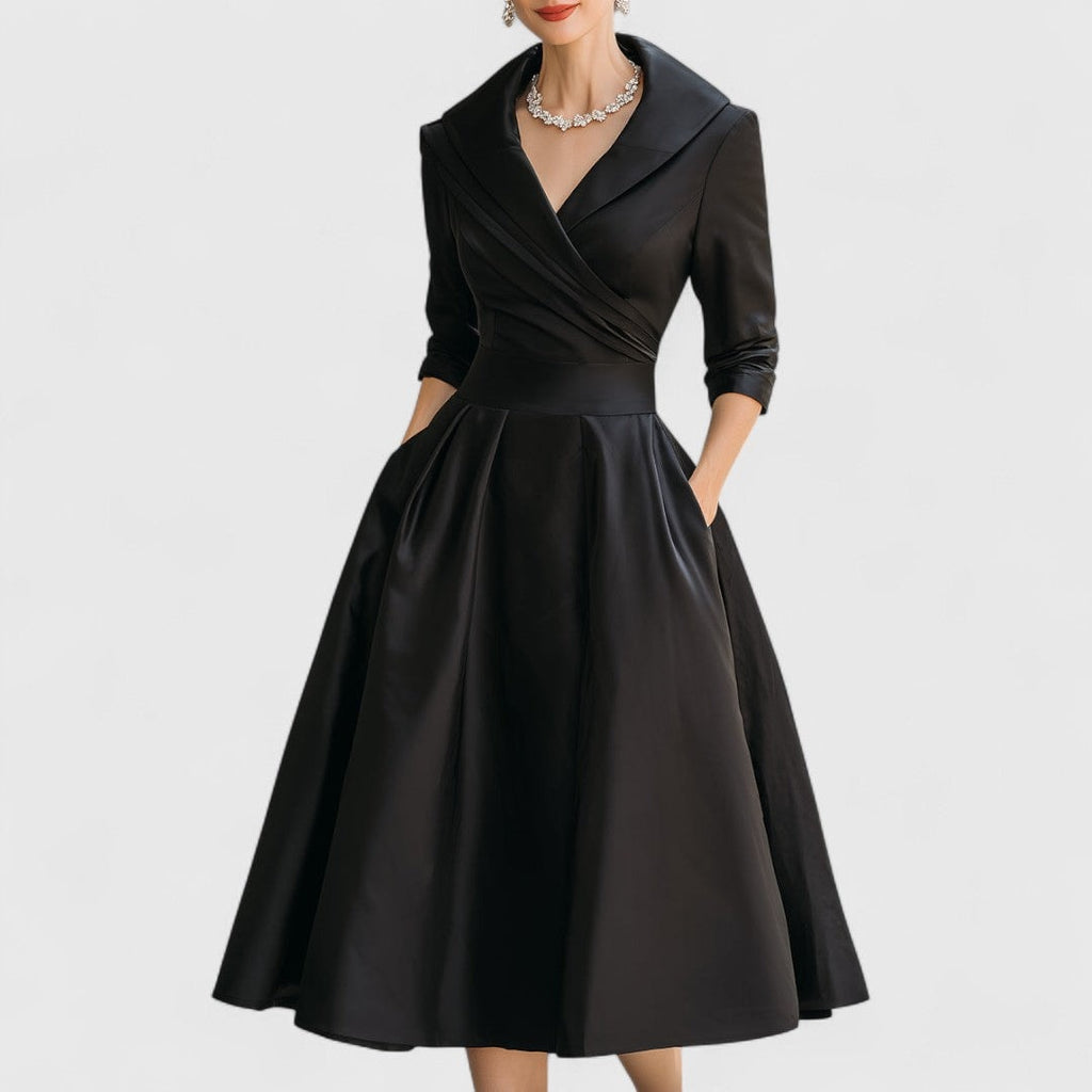 Women's V-Neck Wrap Midi Dress with Shawl Collar and Three-Quarter Sleeves