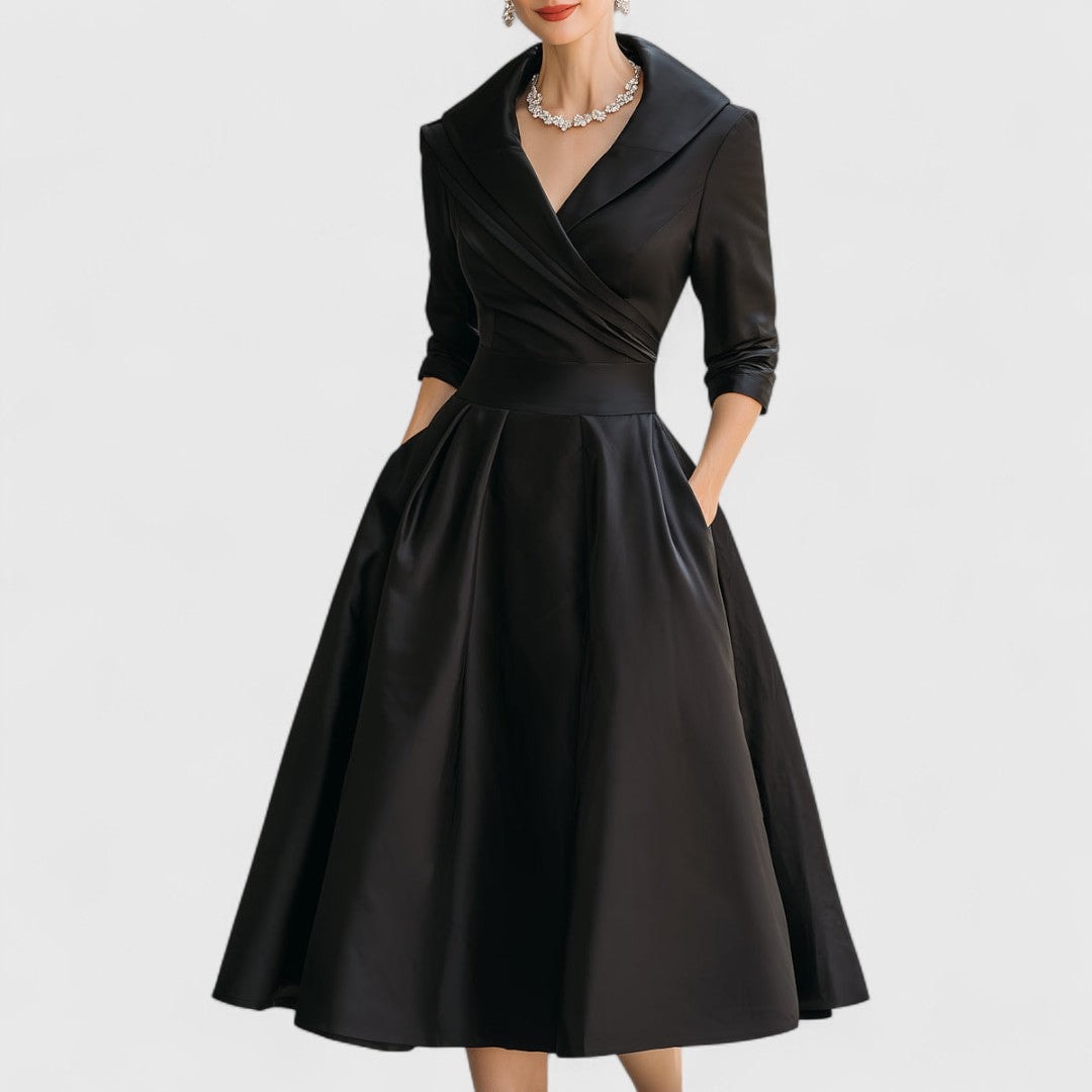 Women's V-Neck Wrap Midi Dress with Shawl Collar and Three-Quarter Sleeves