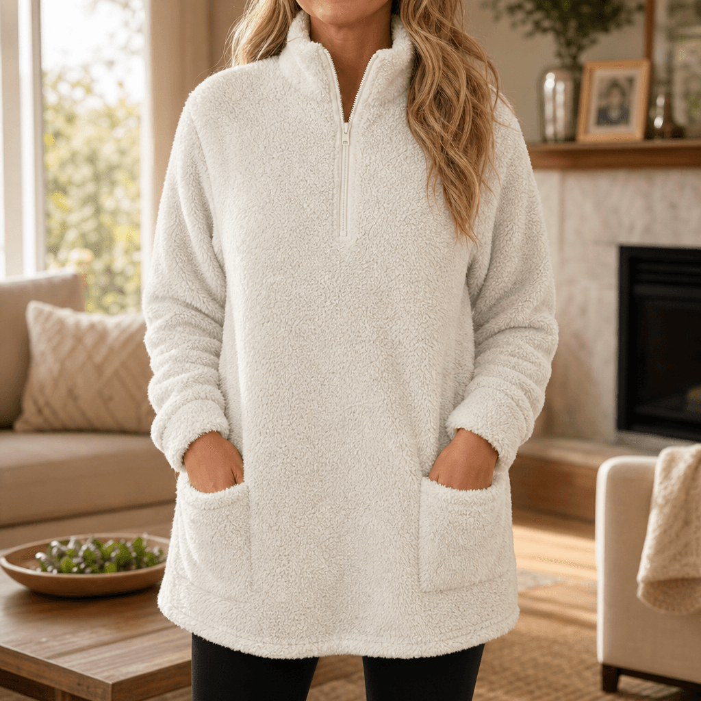 Women's Longline Half-Zip Sherpa Fleece Pullover with Pockets