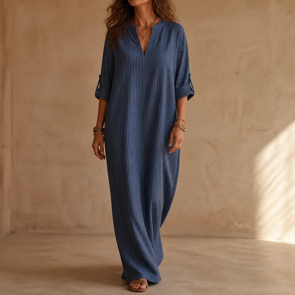 Striped V-Neck Maxi Dress with Long Sleeves and Pockets for Women
