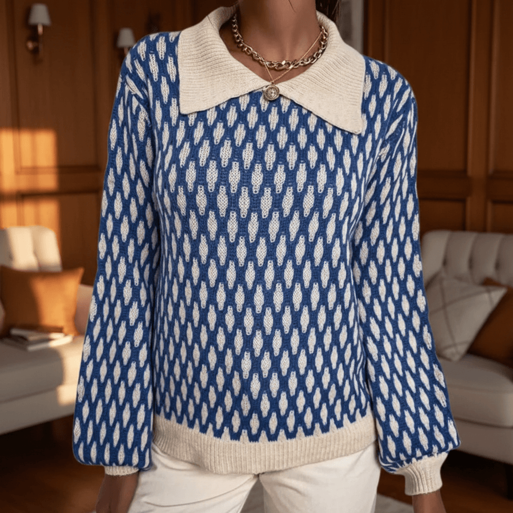 Women's Geometric Knit Sweater with Contrast Collar and Long Lantern Sleeves