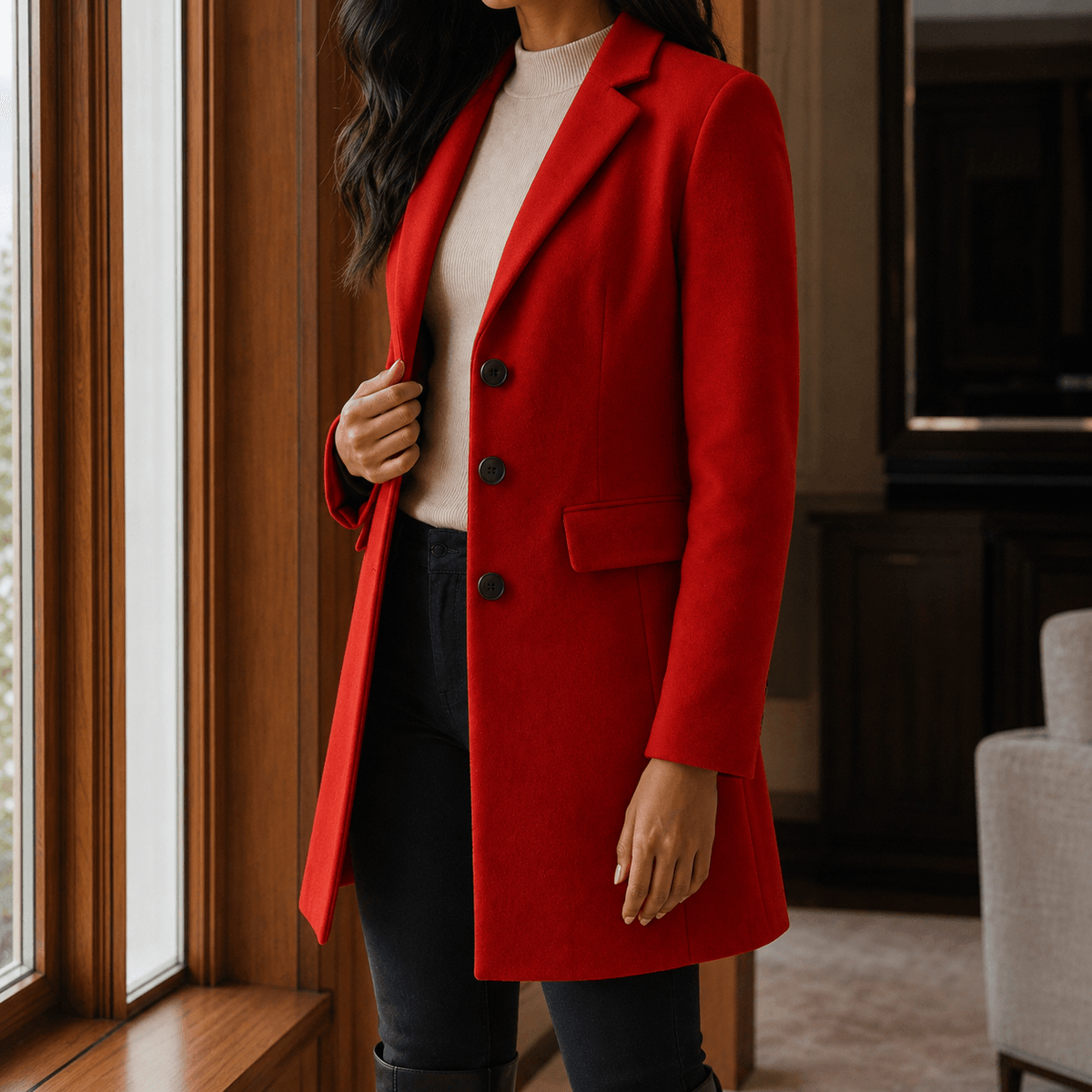 Women's Wool-Blend Tailored Winter Coat with Notched Lapel
