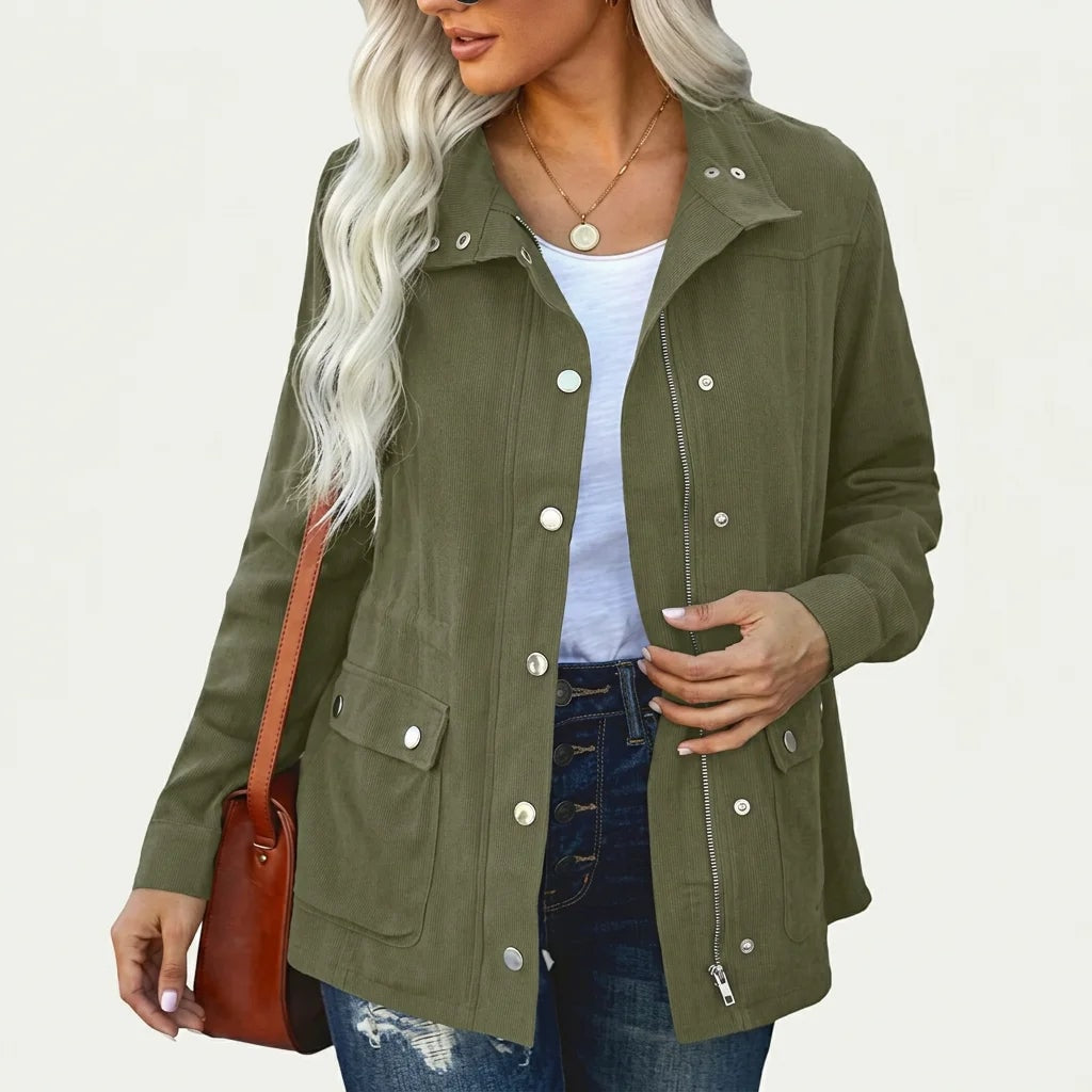 Women's Lightweight Zip-Up Utility Jacket with Stand Collar and Flap Pockets