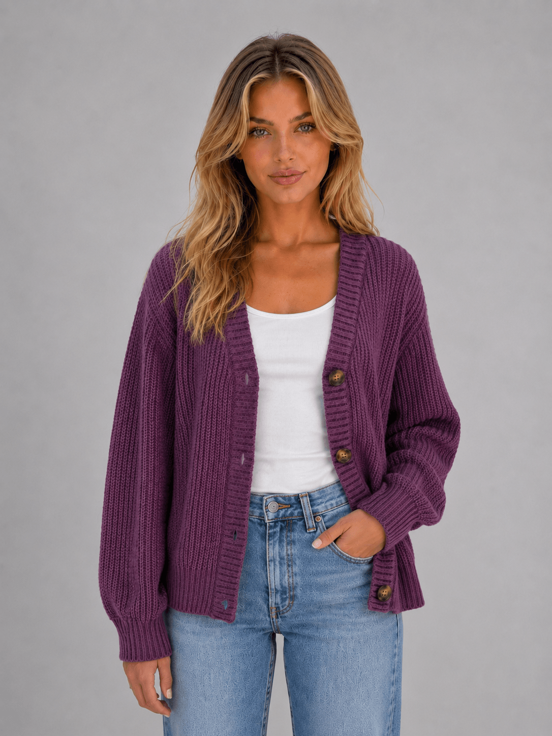 Women's Chunky Ribbed Knit V-Neck Cardigan with Oversized Buttons and Relaxed Sleeves