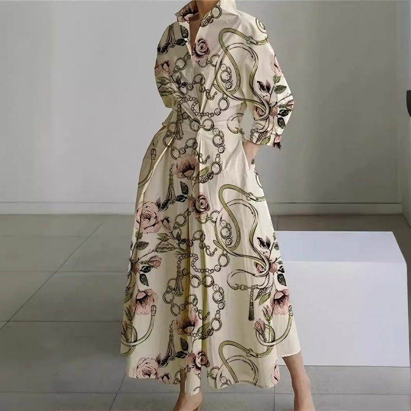 Women's Collared Front Wrap Newspaper Print Maxi Dress
