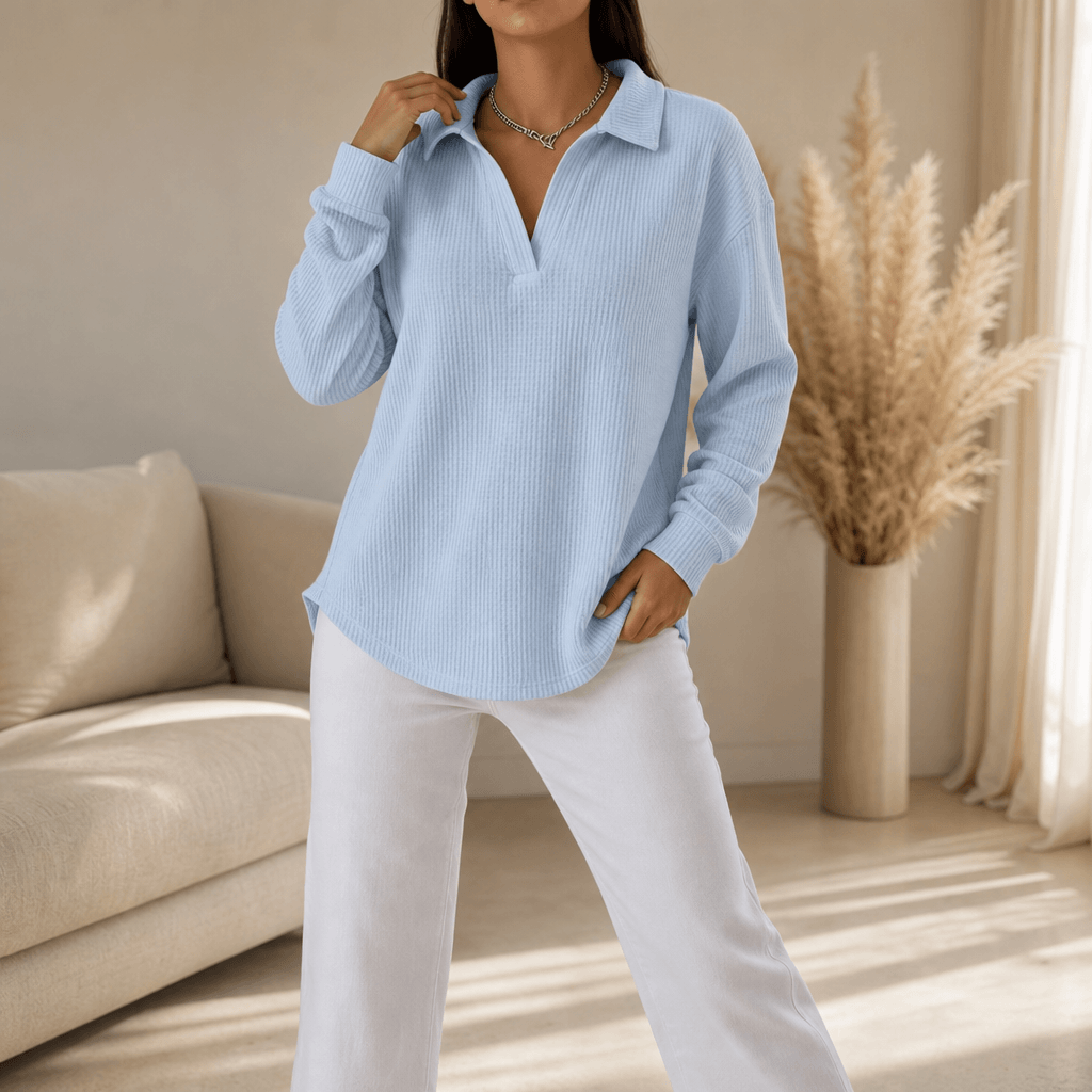 Women's Oversized Waffle-Knit Long-Sleeve V-Neck Sweater with Collar