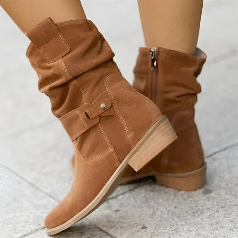 Berdine Slouchy Suede Mid-Calf Women's Boots with Buckle Strap Detail