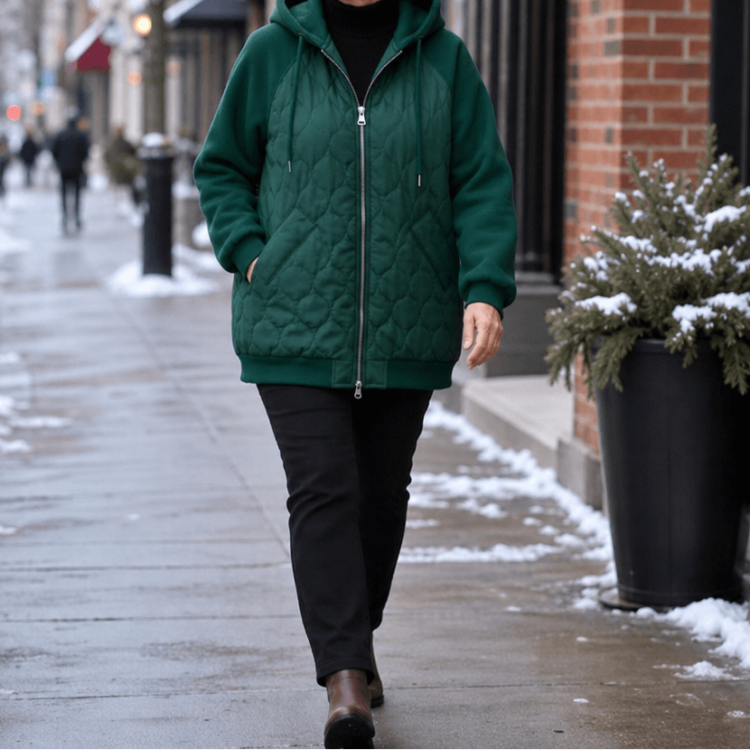 Women's Spliced-Panel Hooded Quilted Puffer Jacket with Polyester Lining