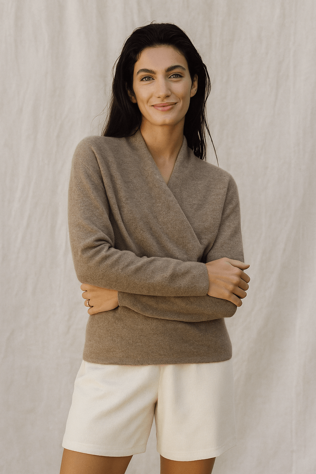 Women's Wrap-Front Knitted Sweater with V-Neck and Ribbed Hem