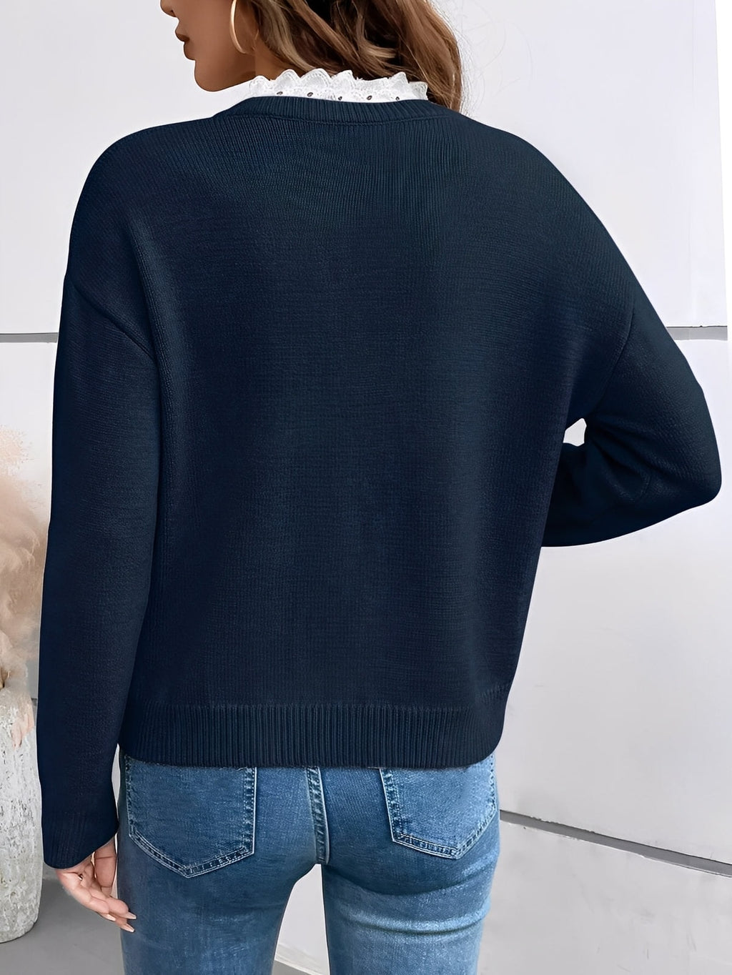 Kaitlyssa Lace-Trim V-Neck Knit Sweater for Women