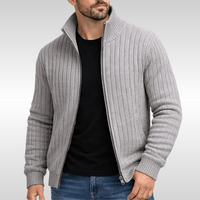 Men's Ribbed Knit Full-Zip Cardigan Sweater with Stand Collar