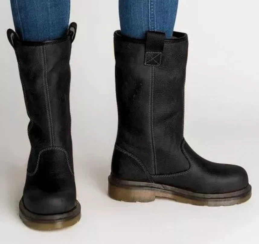 Una Pull-On Leather Winter Boots with Warm Lining for Women