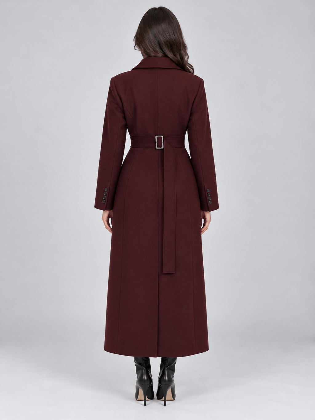 Women's Long Belted Winter Coat with Notched Lapel and Flap Pockets