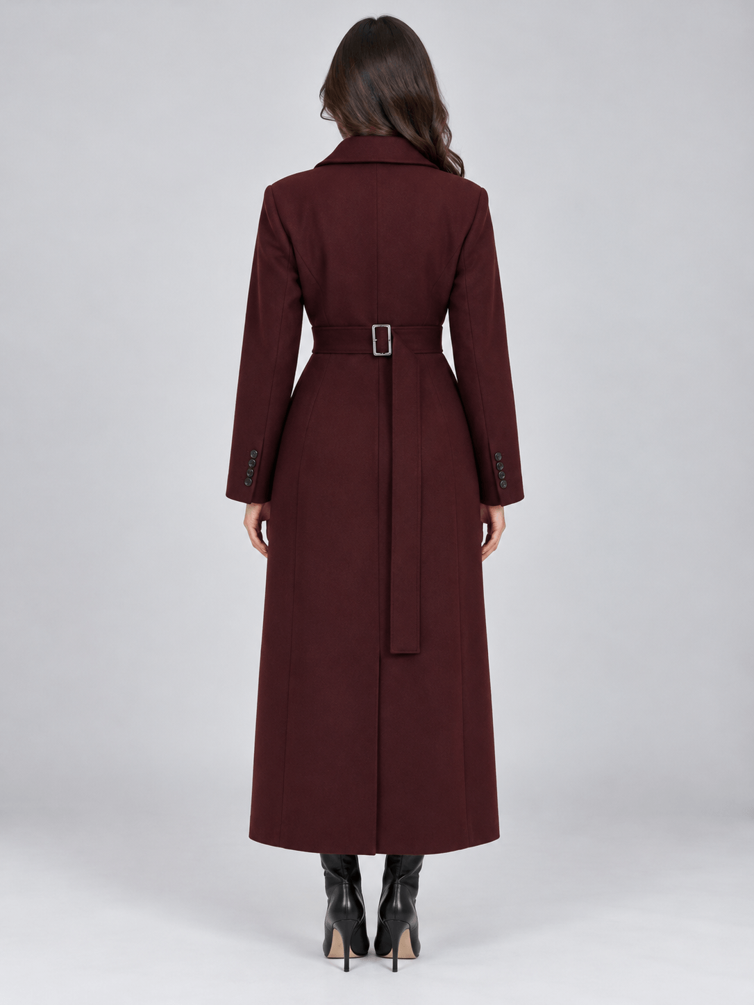 Women's Long Belted Winter Coat with Notched Lapel and Flap Pockets