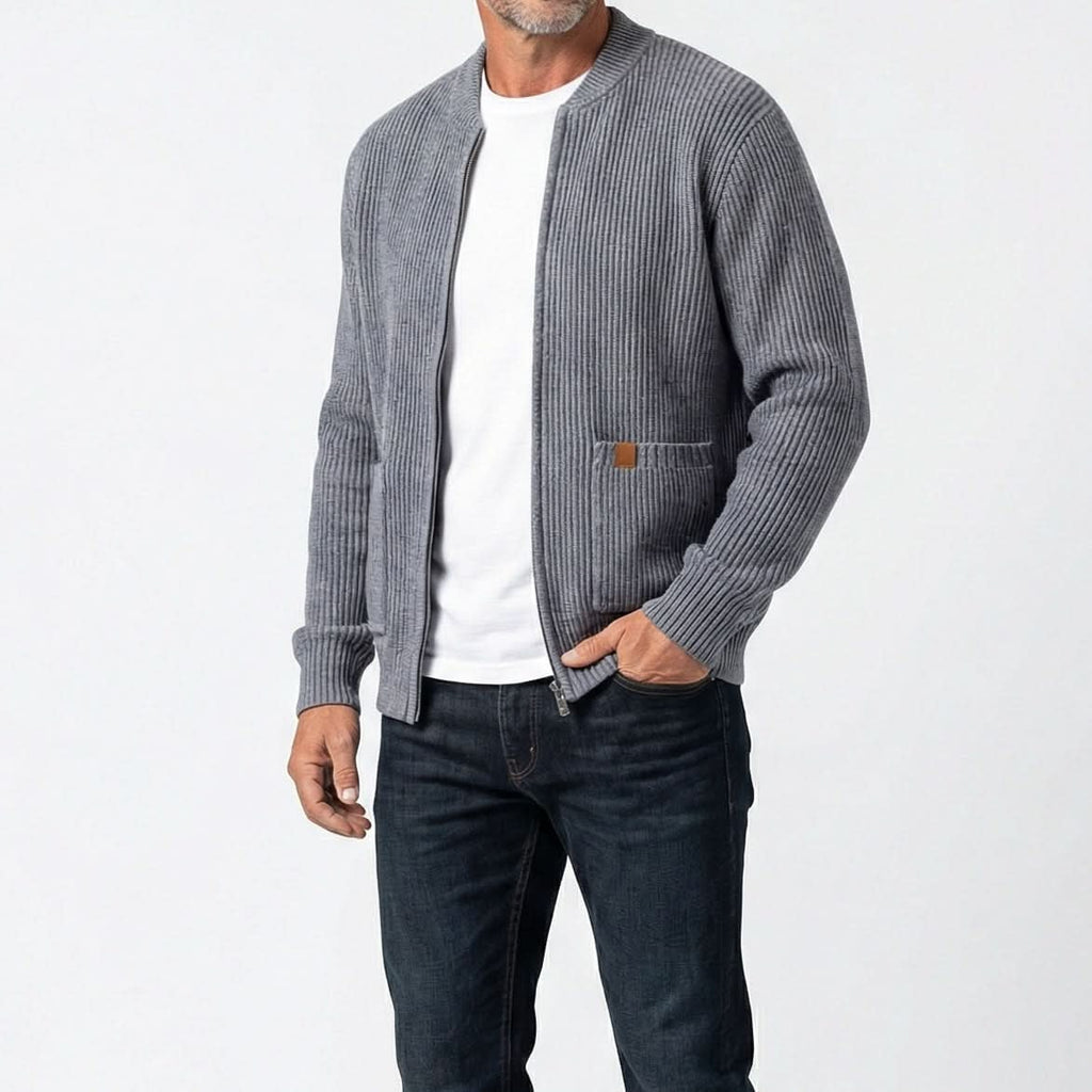 Men's Ribbed Knit Zip-Up Cardigan with Stand Collar and Patch Pockets