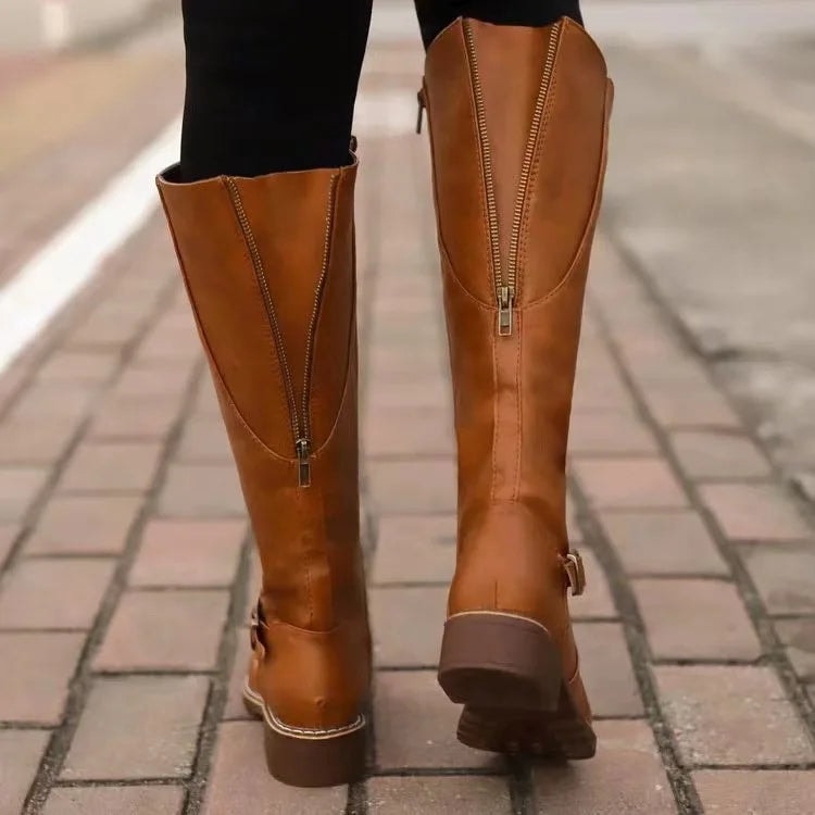 Knee High Riding Fall Boots with Side Zipper and Buckle Strap