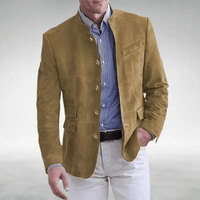 Men's Unstructured Faux Suede Blazer Jacket with Stand Collar and Flap Pockets