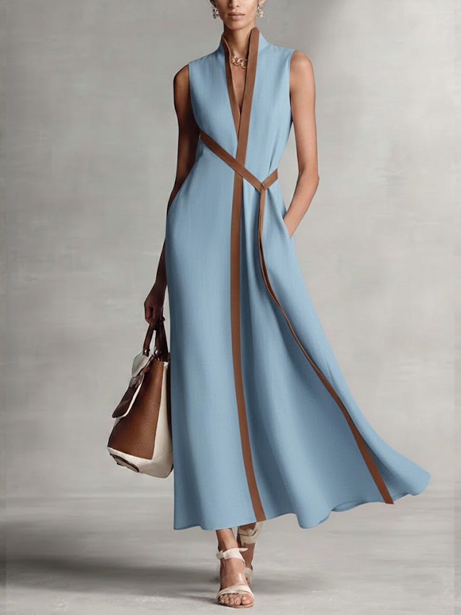 Isabella Sleeveless Wrap-Front Maxi Dress with Contrast Trim