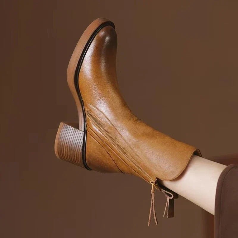 Women's Ankle Boots with Side Zipper and Block Heel in Synthetic for Fall