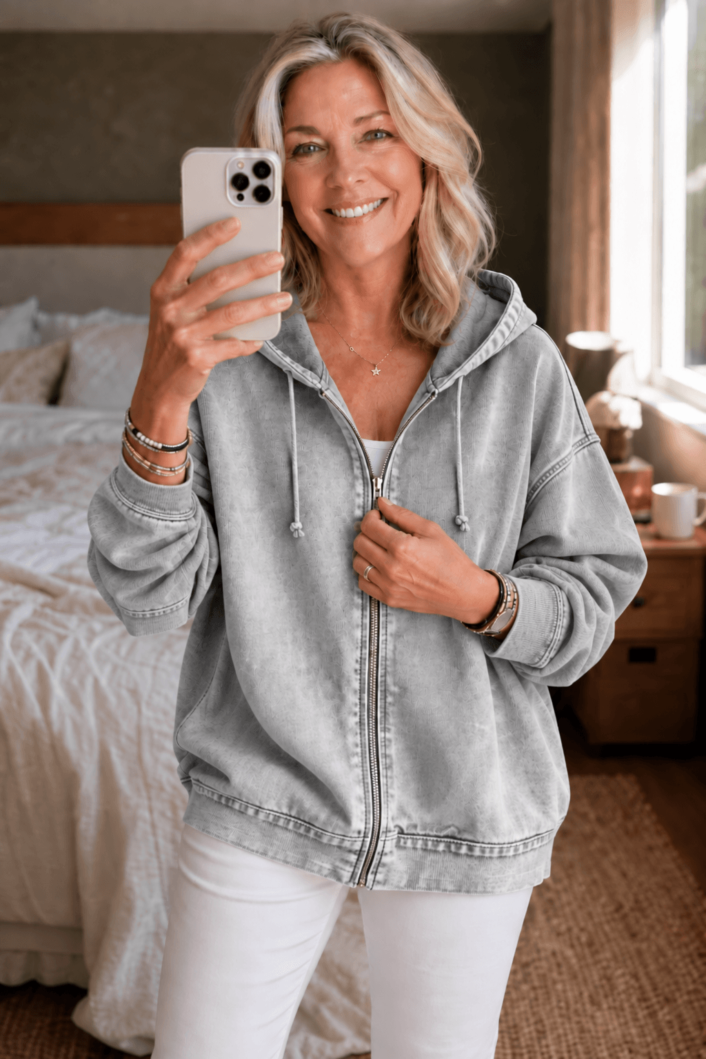 Women's Washed Relaxed Fit Zip-Up Hoodie with Drawstring Hood