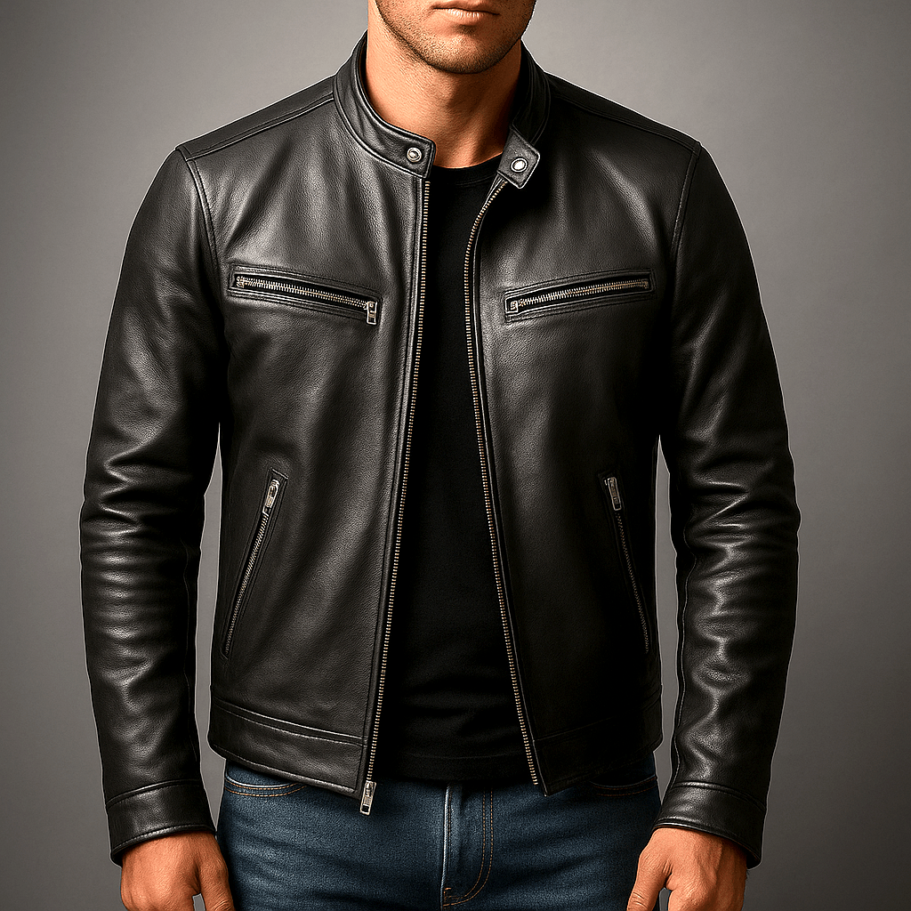 Men's Genuine Leather Moto Jacket with Zip Pockets
