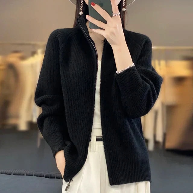 Women's Ribbed Wool Zip-Front Knitted Sweater with Relaxed Fit