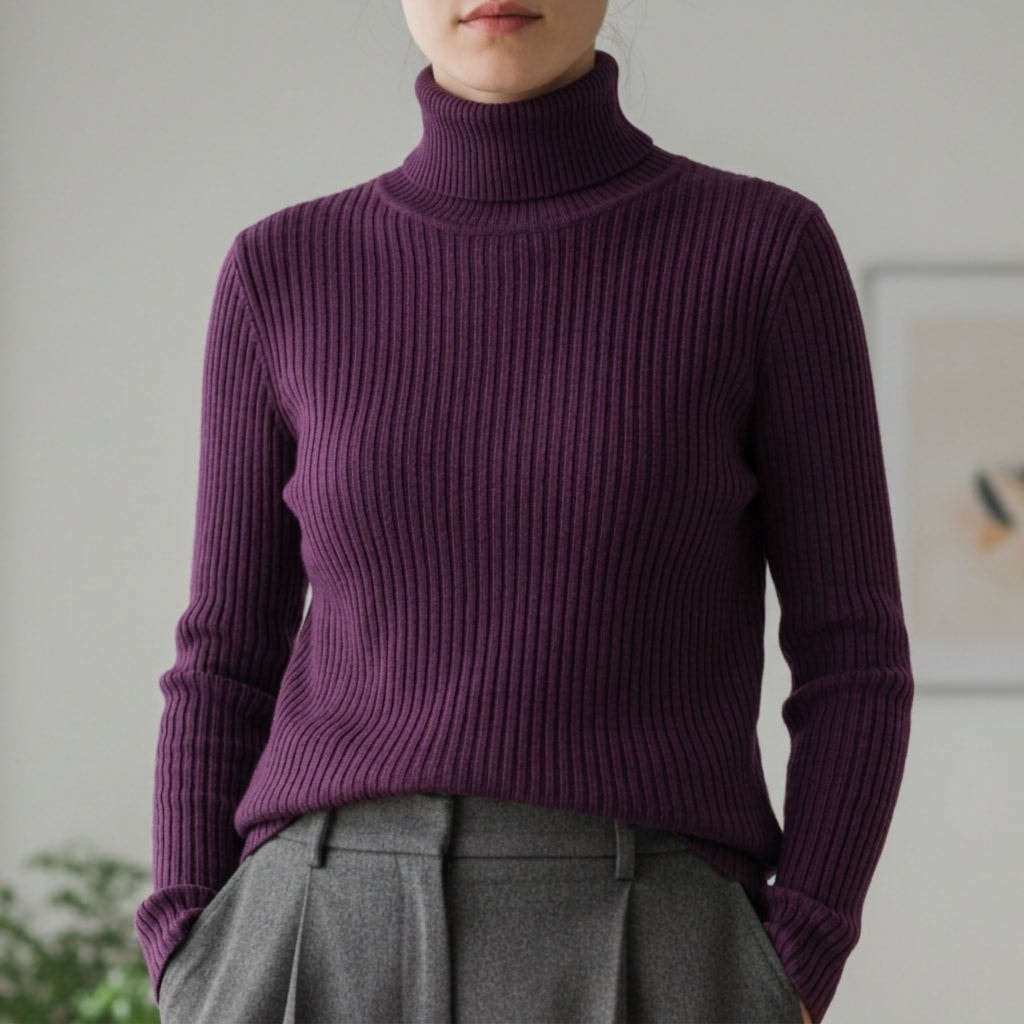 Women's Ribbed Knit Turtleneck Sweater with Long Sleeves and Slim Fit