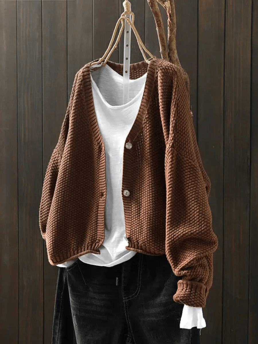 Women's Cropped V-Neck Cardigan in Chunky Textured Knit with Button Front
