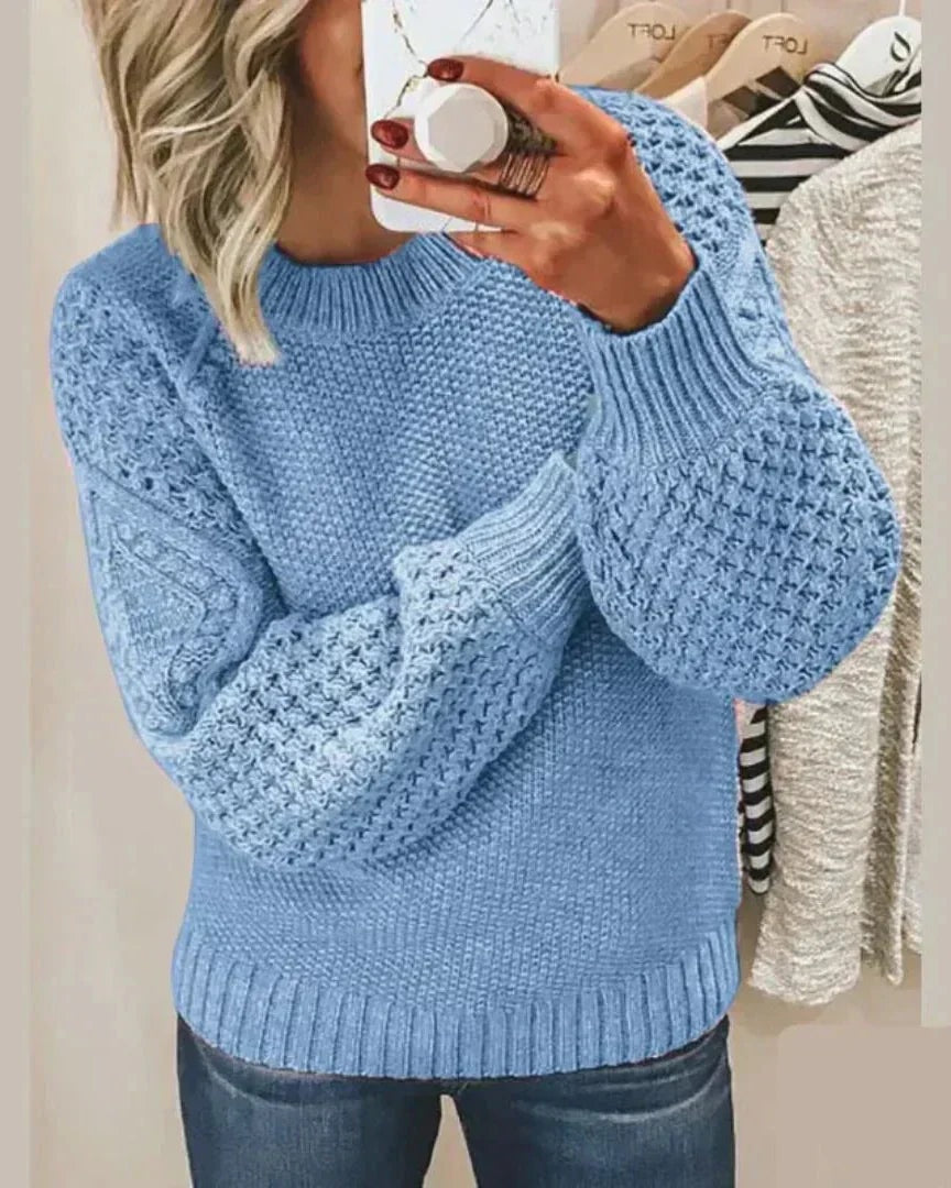 Hazel Textured Crewneck Knitted Sweater for Women with Puff Sleeves