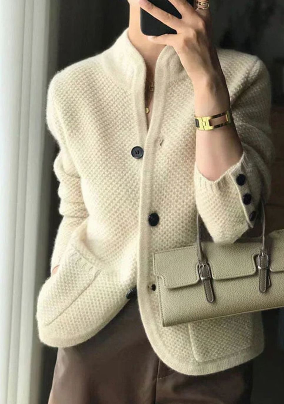 Women's Stand-Collar Cardigan in Textured Knit with Button Cuffs