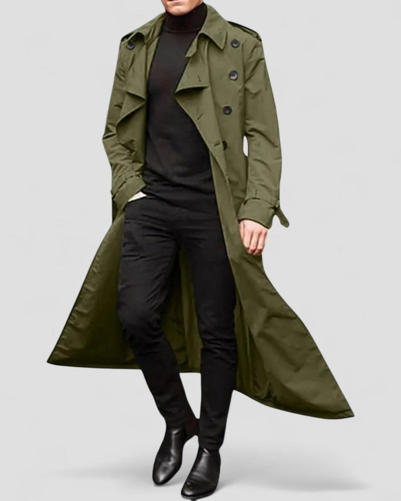 Men's Long Trench Coat with Double-Breasted Front and Water-Repellent Finish