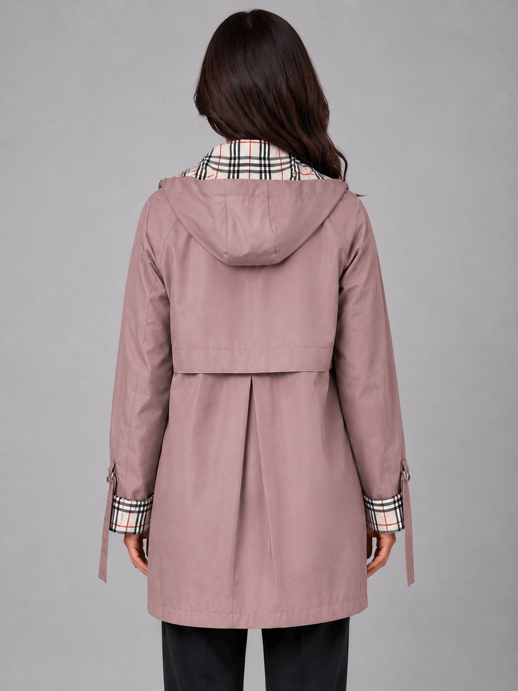 Women's Hooded Longline Rain Jacket with Check-Lined Zip Front