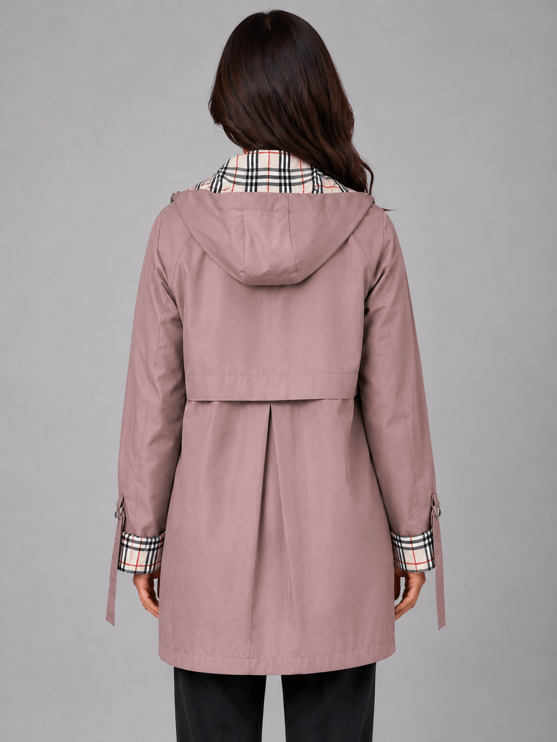 Women's Hooded Longline Rain Jacket with Check-Lined Zip Front