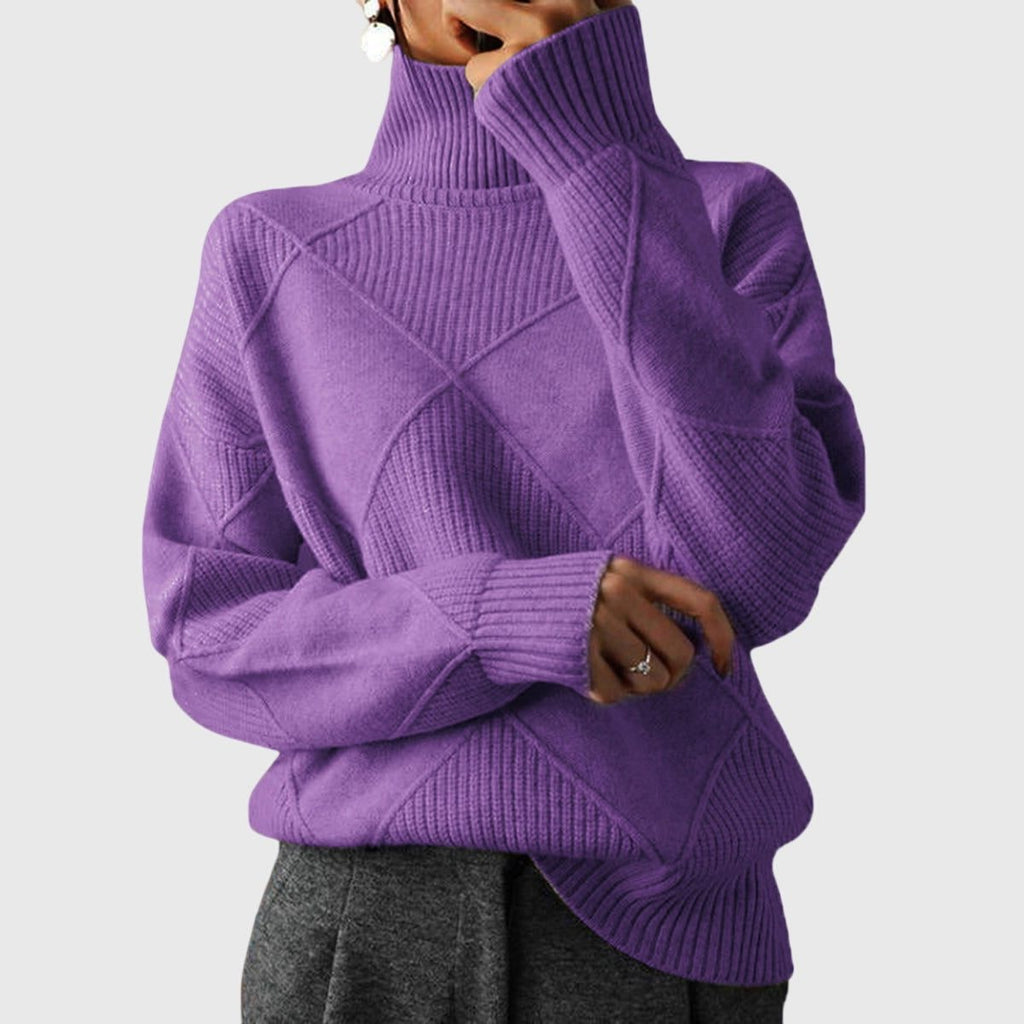 Women's Ribbed Knit Turtleneck Sweater with Diamond Pattern and Relaxed Fit