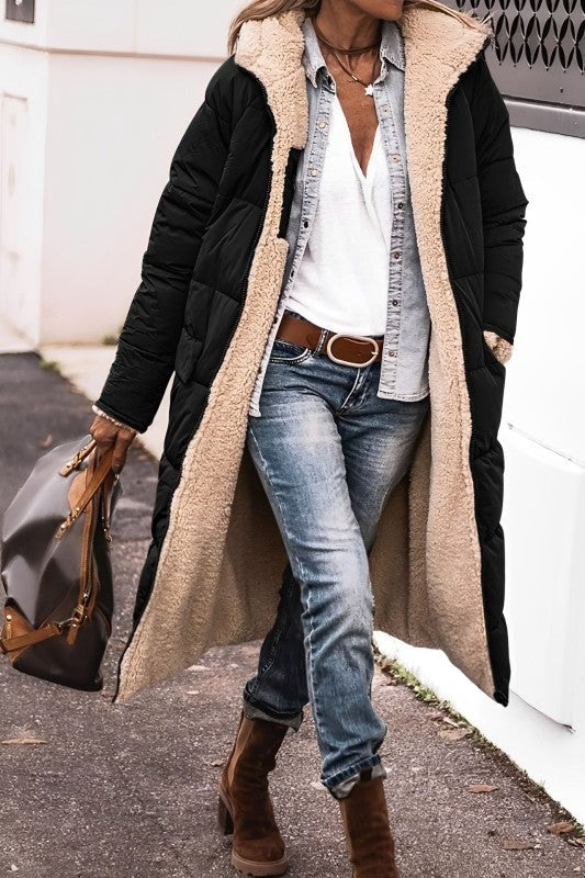 Reversible Teddy-Lined Longline Puffer Winter Coat with Hood