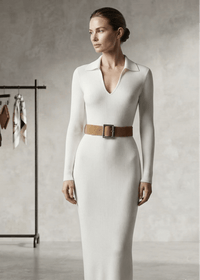 Belted Slim-Fit Ribbed Knit Sweater Dress with Collar