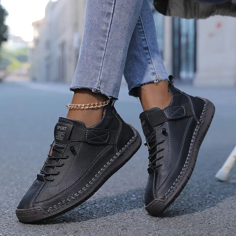 Women's Leather Lace-Up Sneakers with Adjustable Strap for Comfort