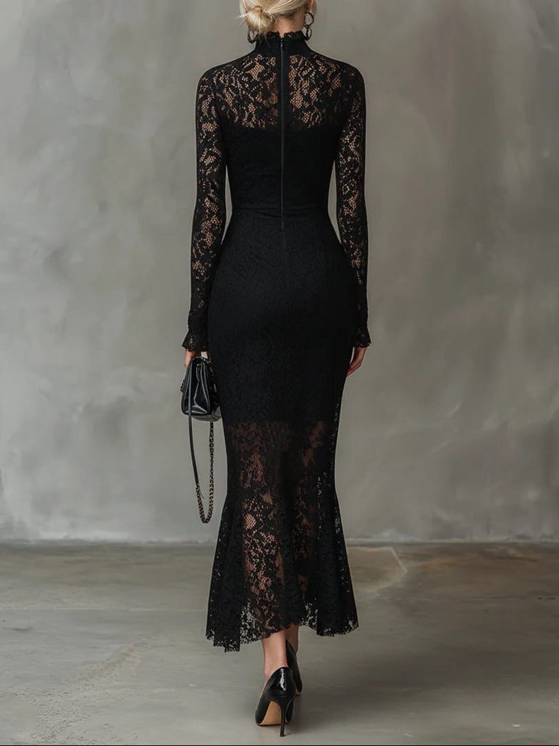 Women's Black Lace Long-Sleeve Maxi Dress with High Neck and Handkerchief Hem