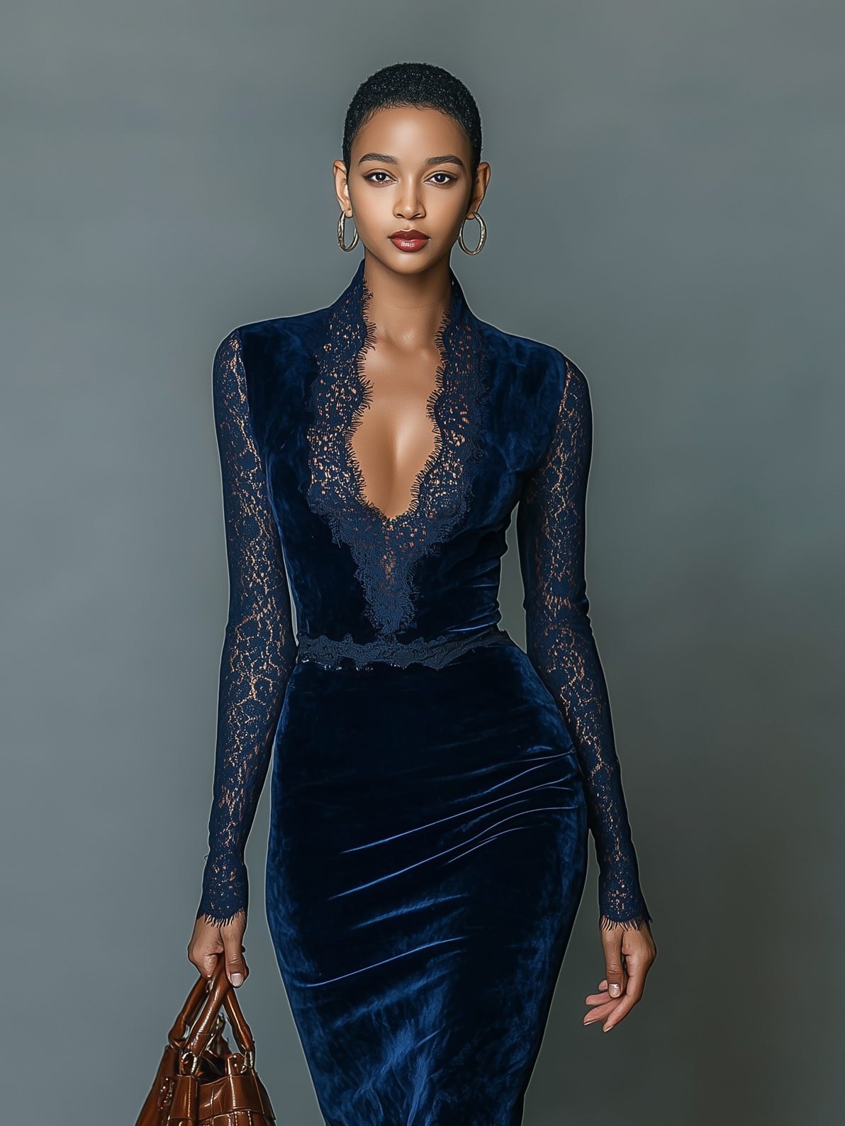 Women's Velvet Midi Cocktail Dress with Long Sleeves and Lace Trim at Neckline