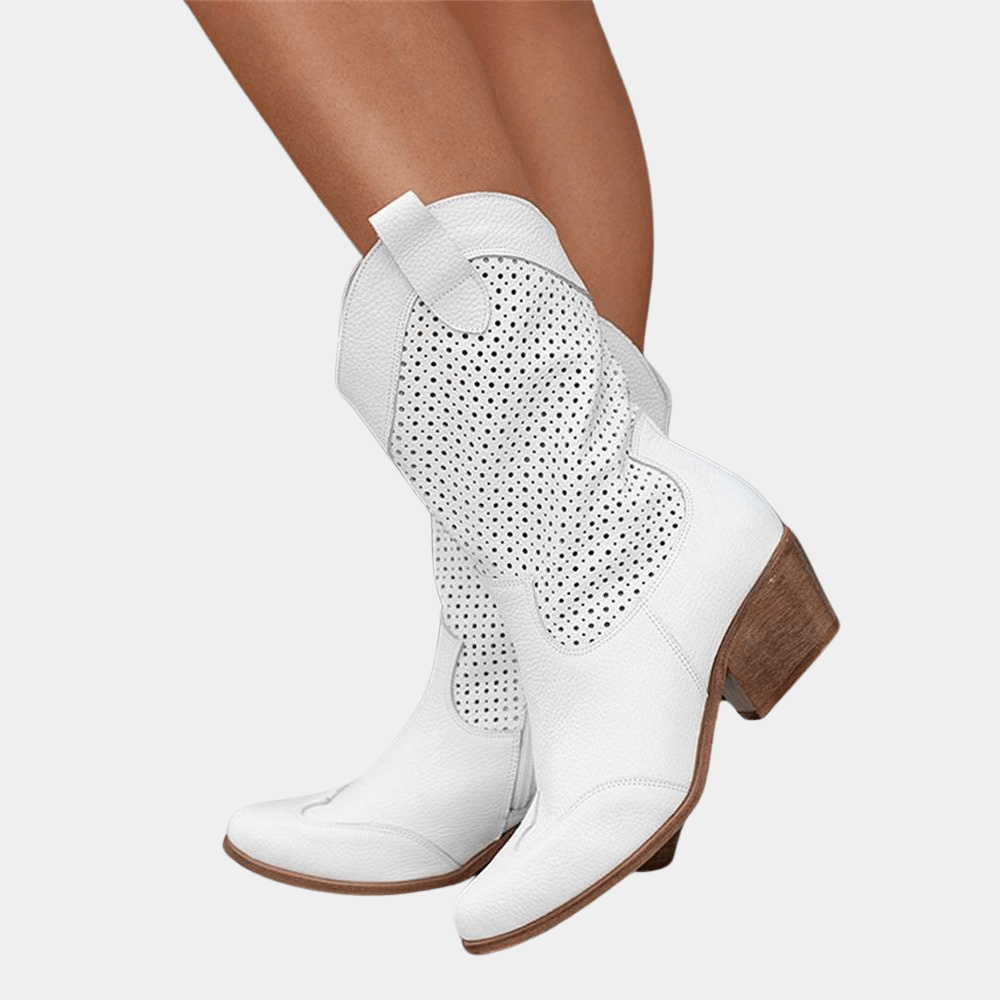 Perforated Faux Suede Western Womens Boots with Side Zipper Ankle Design