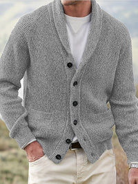 Men's Loose-Fit Ribbed Knit Shawl Collar Cardigan with Button Front and Pockets