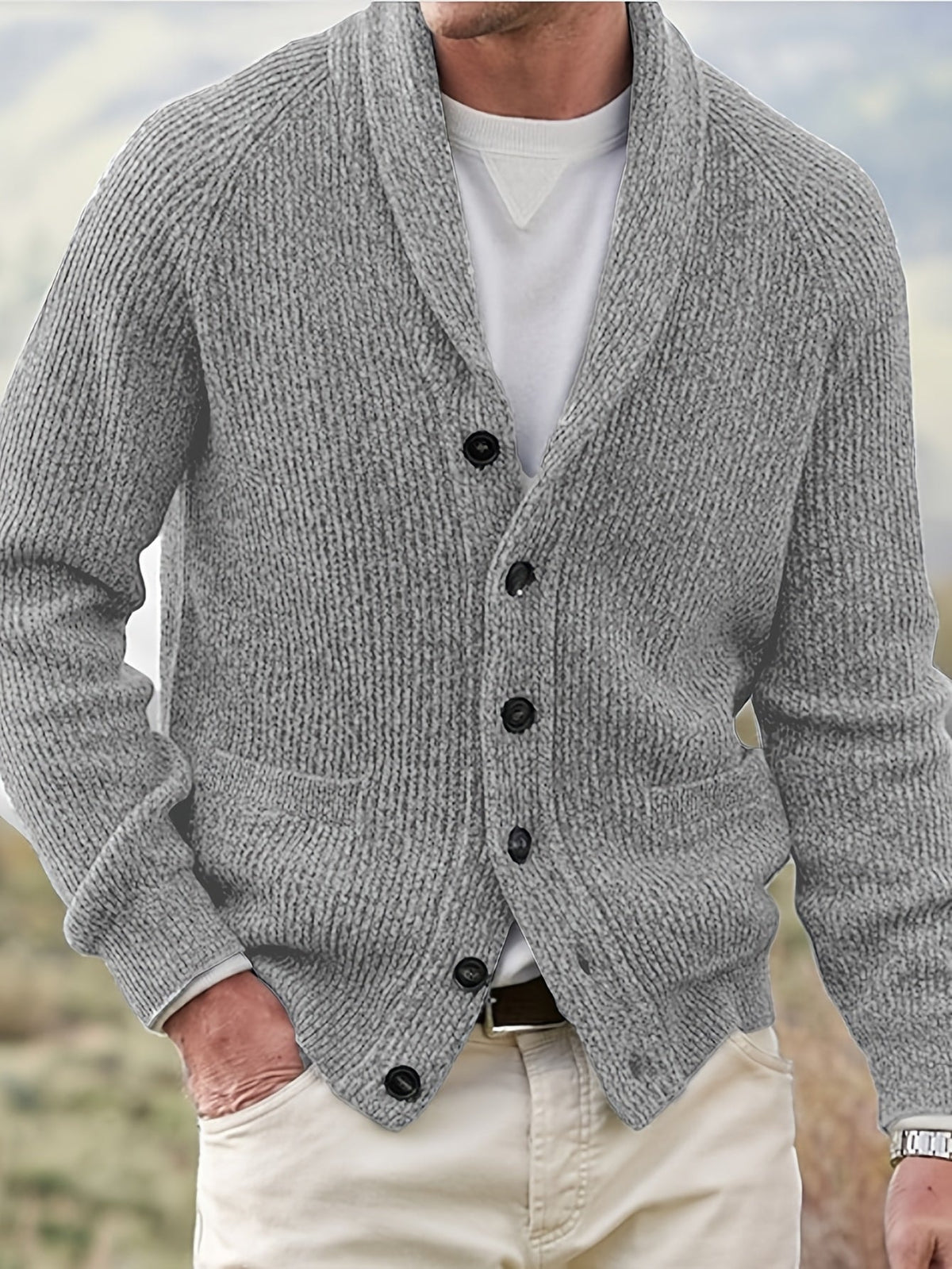 Men's Loose-Fit Ribbed Knit Shawl Collar Cardigan with Button Front and Pockets