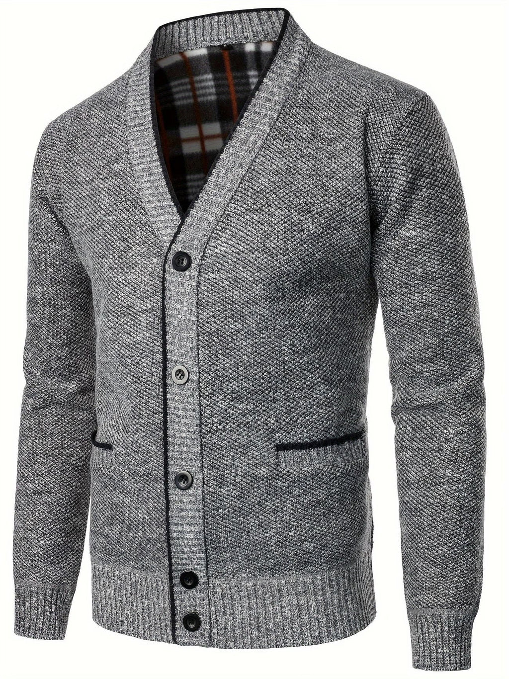 Men's Knit Button-Up Cardigan with V-Neck Collar and Plaid Fleece Lining