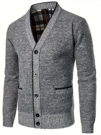 Men's Knit Button-Up Cardigan with V-Neck Collar and Plaid Fleece Lining