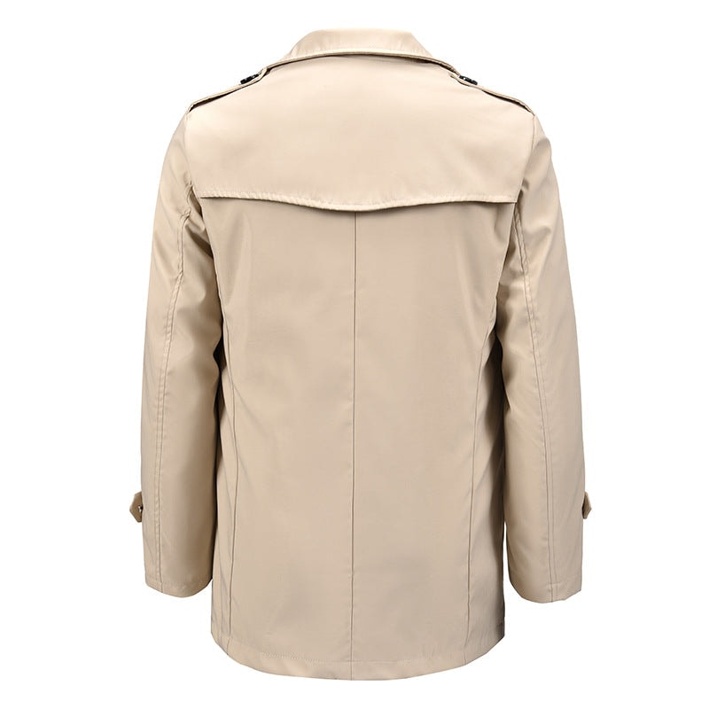 Men's Double-Breasted Short Trench Coat with Wide Lapels and Shoulder Epaulettes