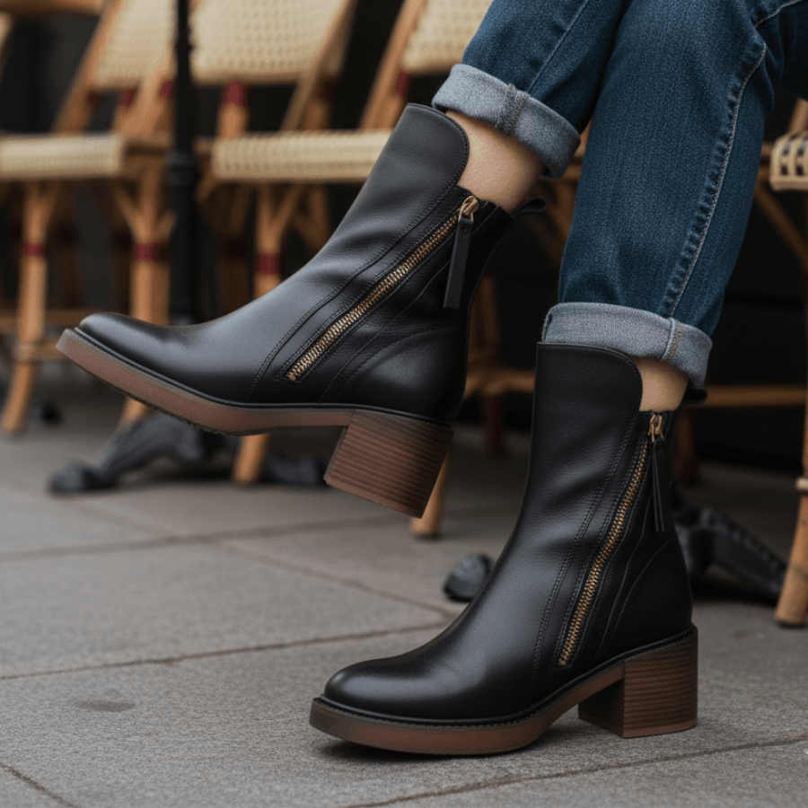 Women's Round-Toe Vegan Leather Ankle Boots with Block Heel and Side Zip