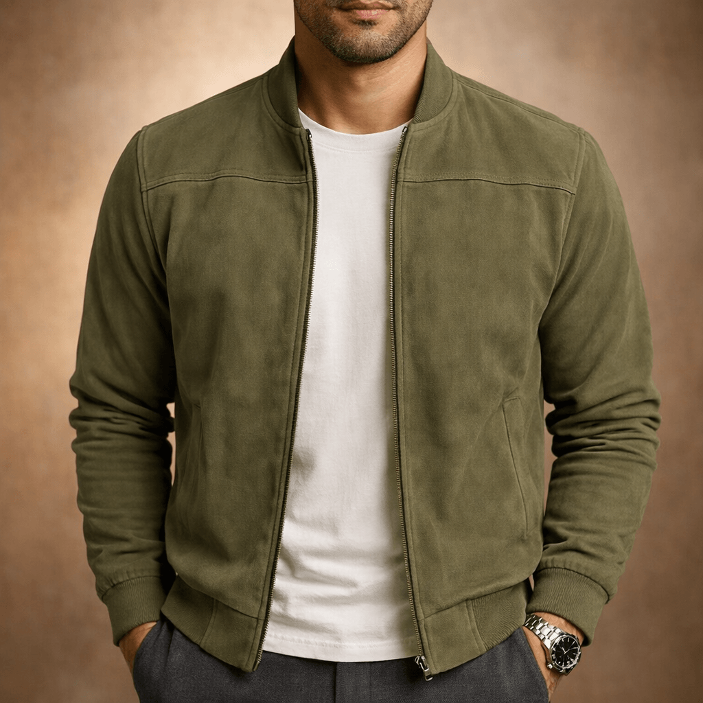 Suede Bomber Jacket for Men with Ribbed Collar and Cuffs